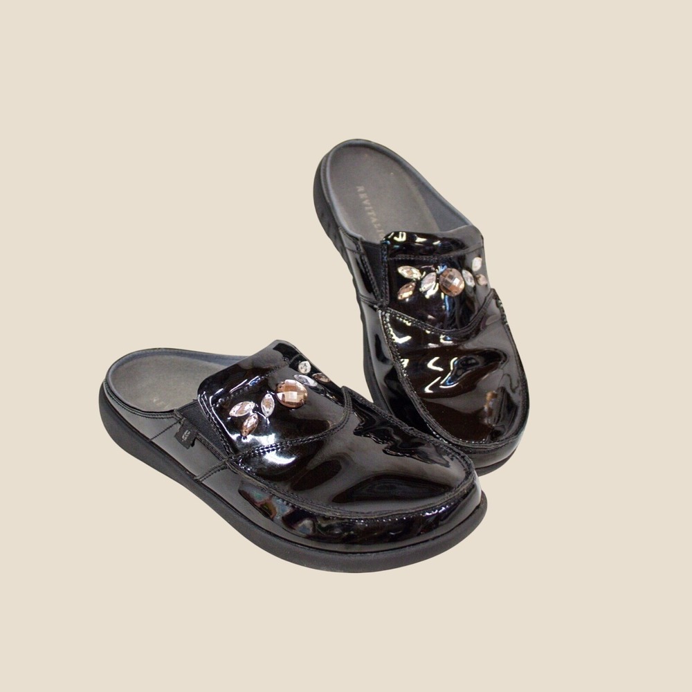REVITALIGN Siesta Snazzy Black Patent Leather Crystal Embellished Mules Size 9 - Picture 5 of 10